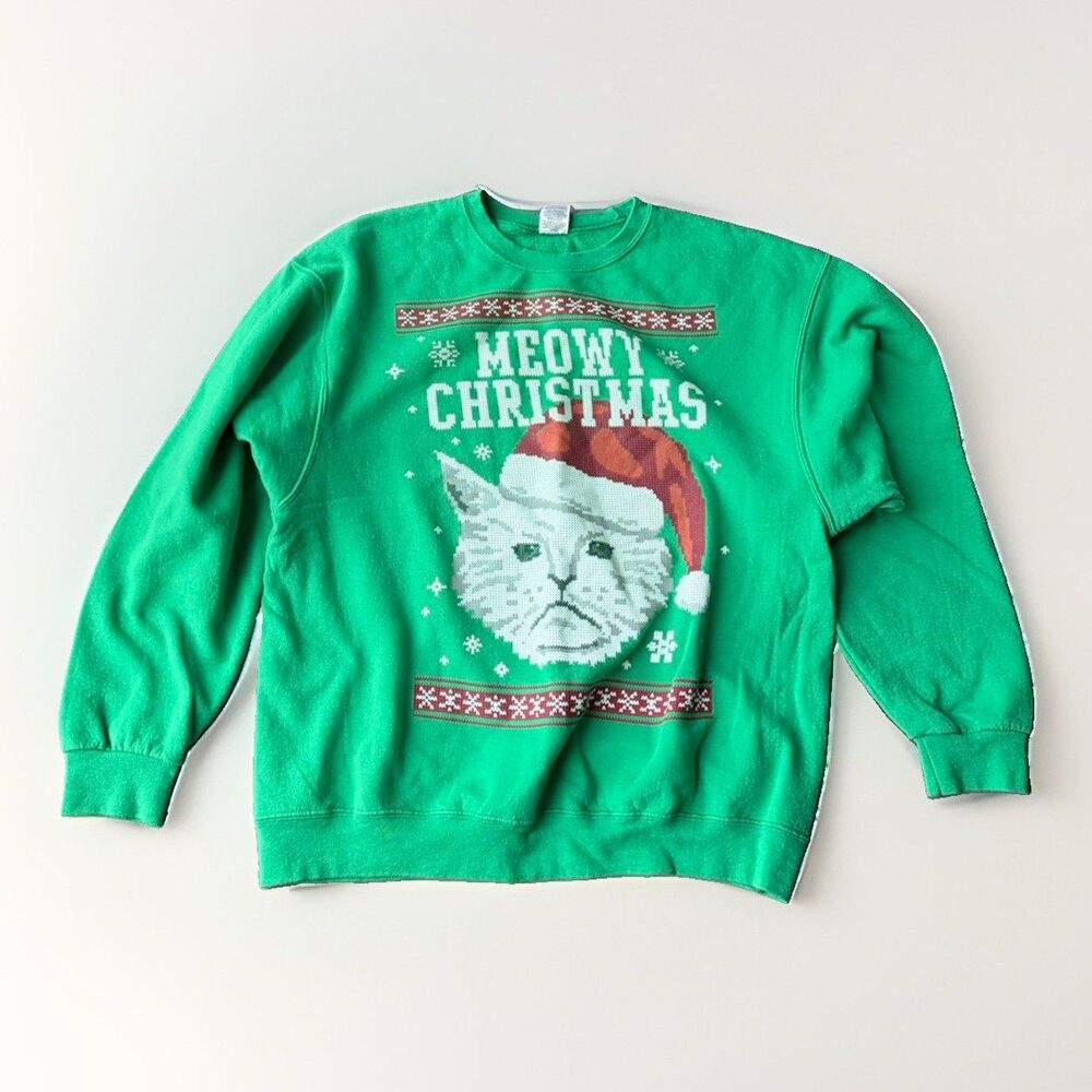 Jerzees NuBlend Sweatshirt XL Green Meowy Christmas Cat Ugly Sweater Pullover